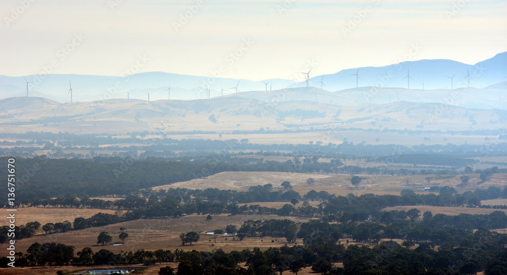 Early morning View from One Tree Hill Lookout (Ararat, VIC Australia). Broad panorama of the countryside in Western District of Victoria.
