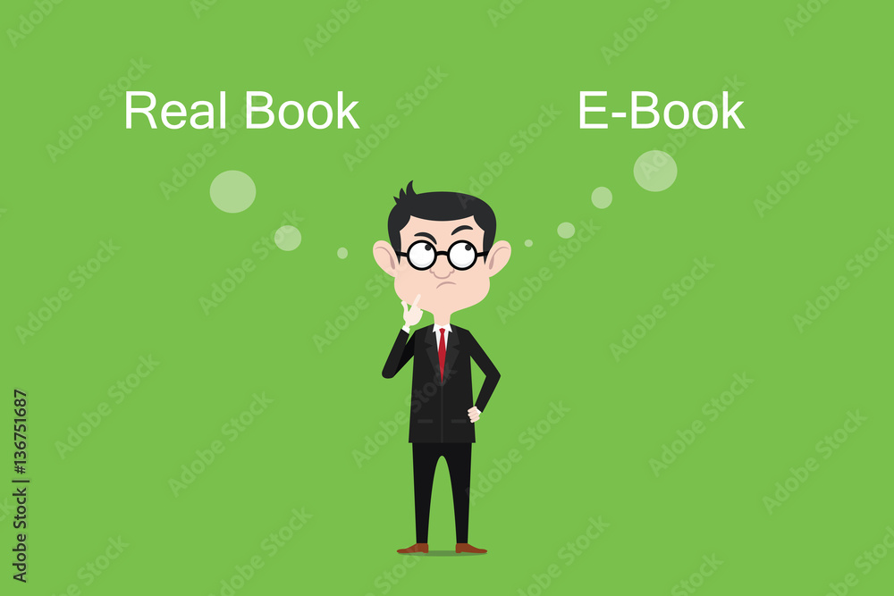 Comparing the benefits of real book vs ebook illustration with white bubble text Comparing the benefits of real book vs ebook illustration with white bubble text