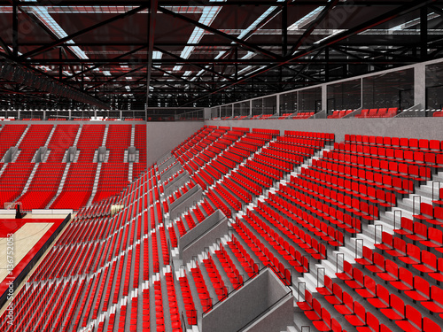 3D render of beautiful modern sports arena for basketball with red seats