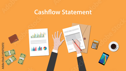 write and count cashflow statement on a paperworks with calculator, money and coffee on top of table