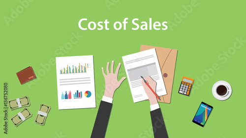 Counting cost of sales on a paperworks with calculator, money and coffee on top of table