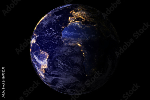 blue planet earth from space showing America and Africa at night with sparkle glitter city lights, USA, globe world isolated on black