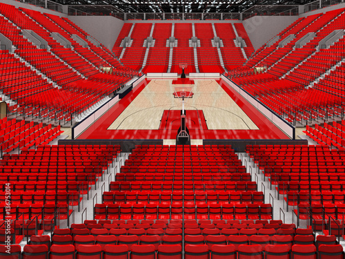 3D render of beautiful modern sports arena for basketball with red seats