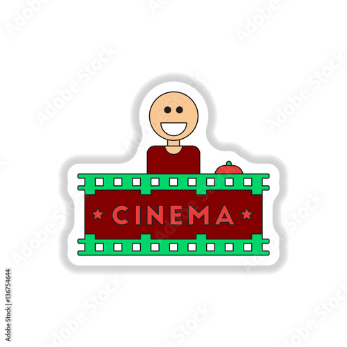 Vector illustration in paper sticker style Seller sells tickets to cinema