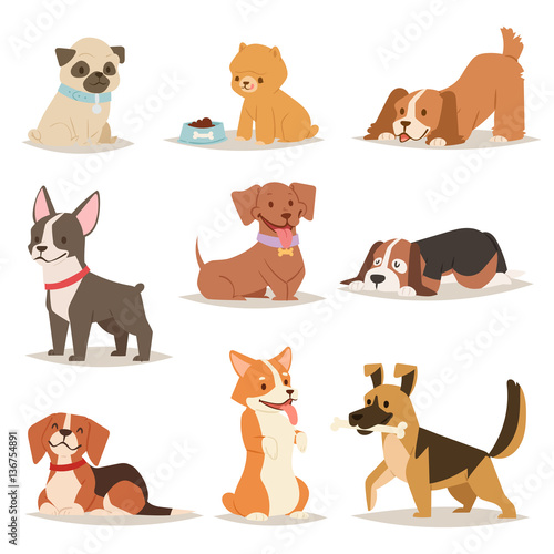 Funny cartoon dogs characters different breads illustration.