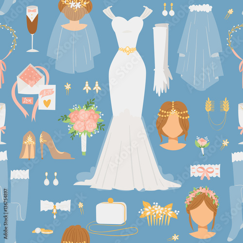 Wedding cartoon bride icons vector seamless pattern