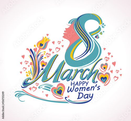 March 8. Vintage chic card with flower and hearts. Stylish vector illustration.