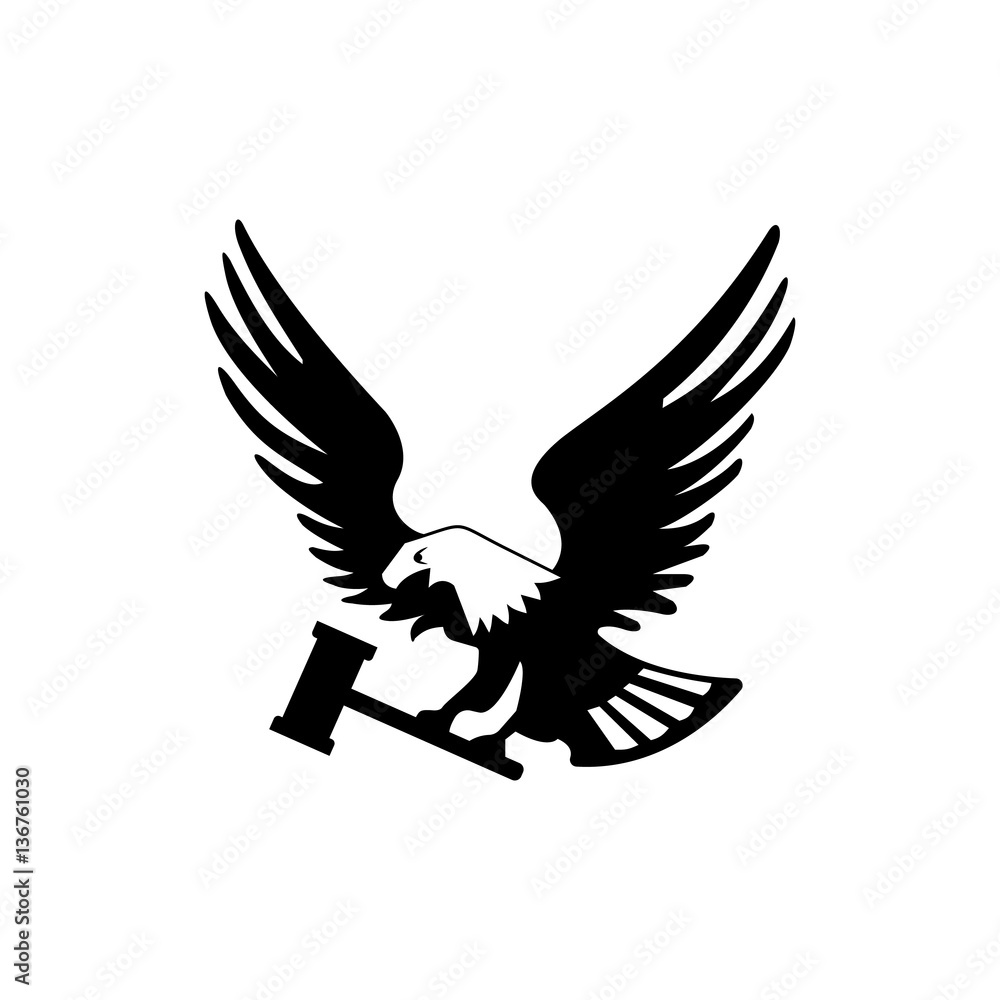 Eagle bird with hammer isolated on white backgroundicon. heraldic emblem of powerful wild falcon with stretching clutches. Symbol of eagle hawk predator for sport team mascot shield, company badge Eagle bird with hammer isolated on white backgroundicon. heraldic emblem of powerful wild falcon with stretching clutches. Symbol of eagle hawk predator for sport team mascot shield, company badge