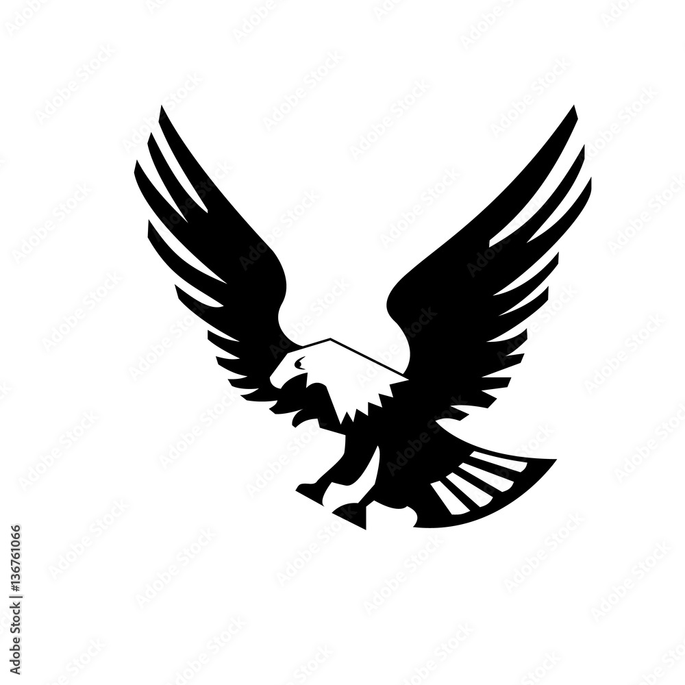 Eagle bird isolated on white backgroundicon. heraldic emblem of powerful wild falcon with stretching clutches. Symbol of eagle hawk predator for sport team mascot shield, company badge, guard service