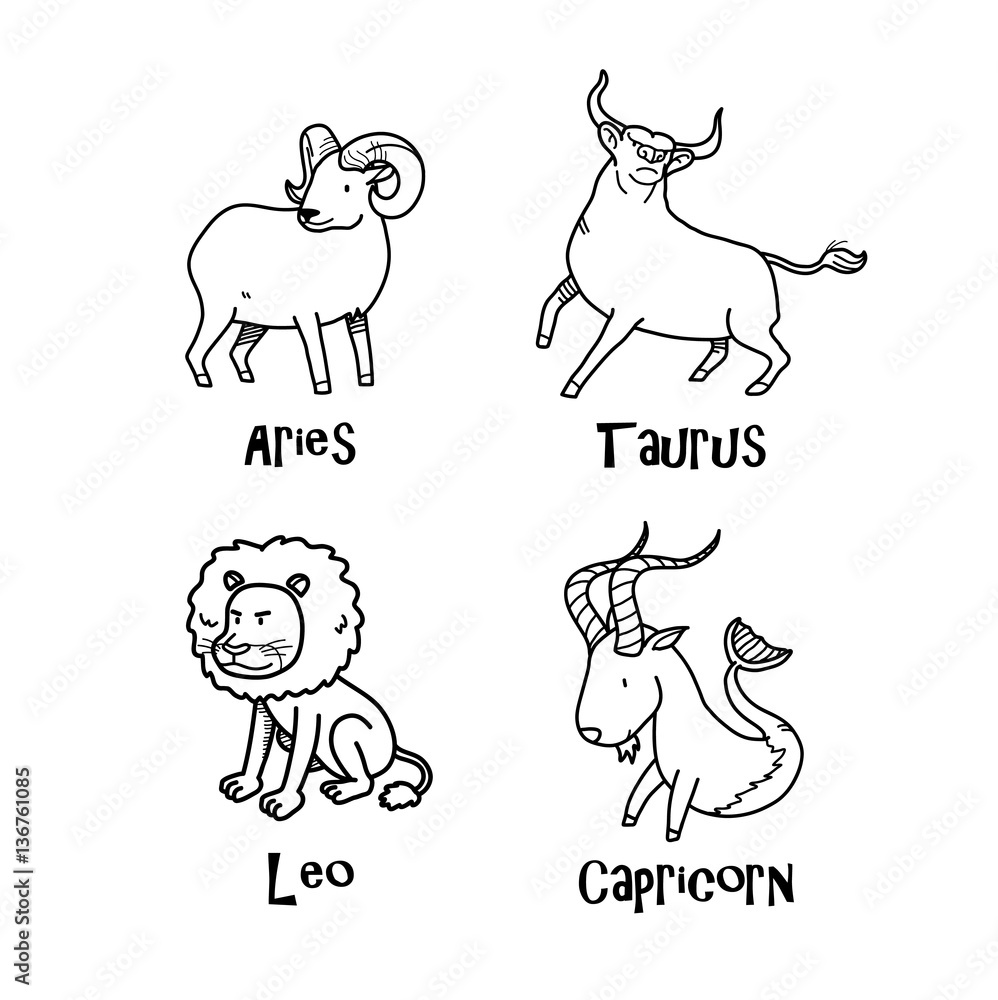 Zodiac Set Doodle (Series 1), a set of Aries, Taurus, Leo, and Capricorn Astrological Illustration