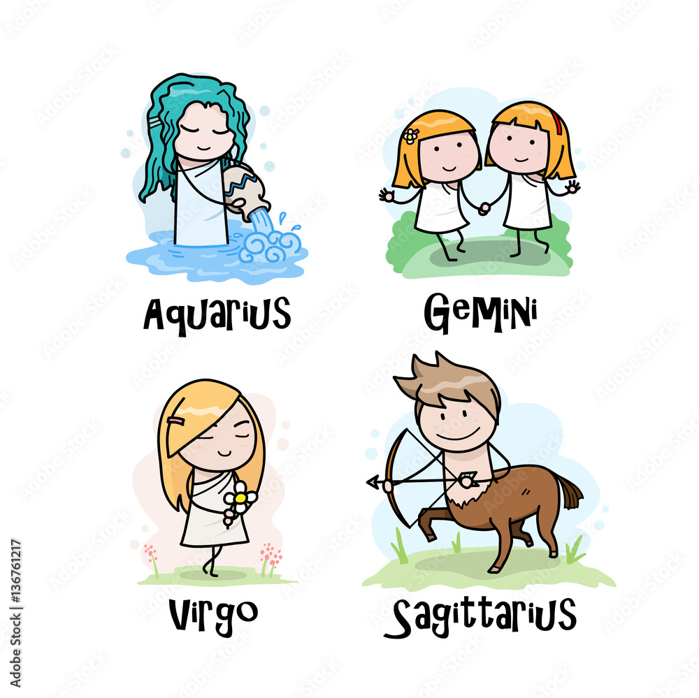 Zodiac Cartoon Set (Series 2), a set of Aquarius, Gemini, Virgo, and  Sagittarius Astrological Illustration Stock Vector | Adobe Stock