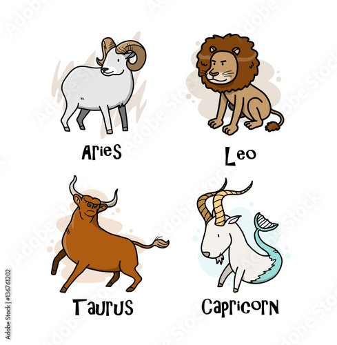 Zodiac Cartoon Set  Series 1   a set of Aries  Taurus  Leo  and Capricorn Astrological Illustration