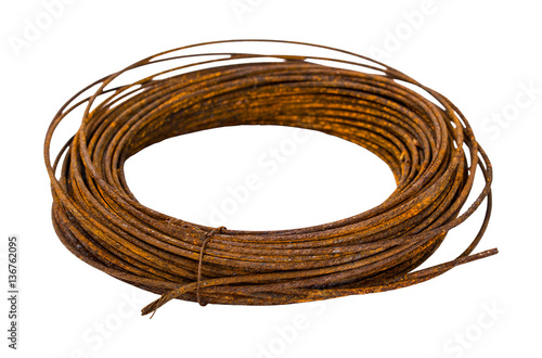 The Old rusty metal wire on white background