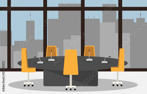illustration of a conference room or an office with a large round table, microphones, chairs, and a large window overlooking the city