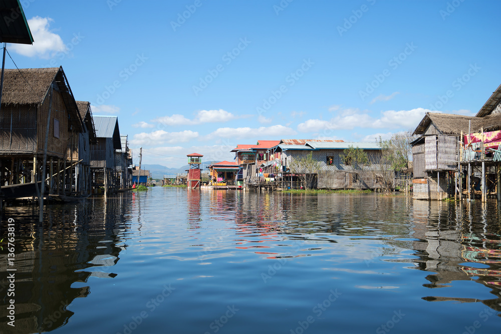 Sunny day in a traditional Burmese village on the Inle lake. Myanmar