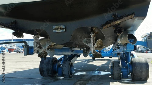 Boat Hauled out showing running gear growth photo