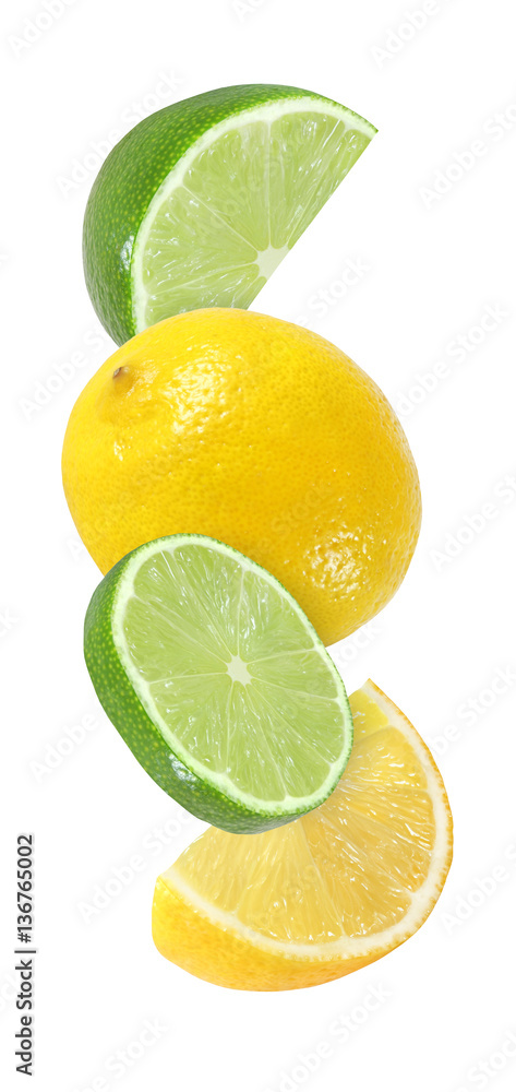hanging, falling, flying piece of lime and lemon fruits isolated on white background with clipping path hanging, falling, flying piece of lime and lemon fruits isolated on white background with clipping path
