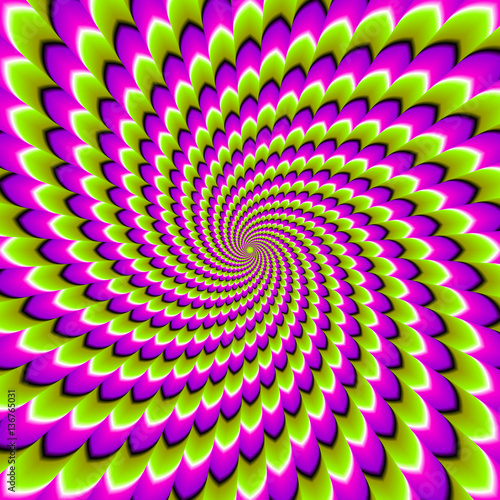 Green background with pink spirals. Motion illusion.
