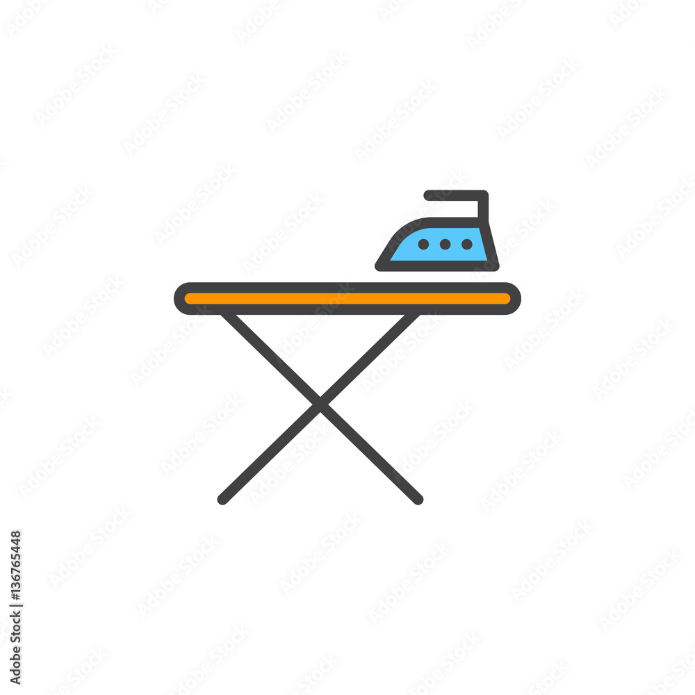Ironing board and iron line icon, filled outline vector sign, linear colorful pictogram isolated on white. Symbol, logo illustration Ironing board and iron line icon, filled outline vector sign, linear colorful pictogram isolated on white. Symbol, logo illustration