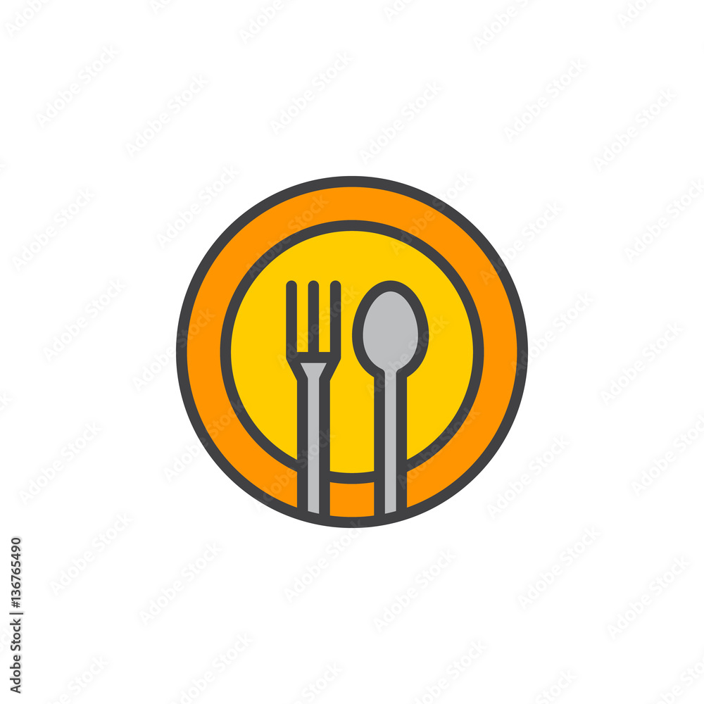 Fork, spoon, dish line icon, filled outline vector sign, linear colorful pictogram isolated on white. Restaurant, food court symbol, logo illustration Fork, spoon, dish line icon, filled outline vector sign, linear colorful pictogram isolated on white. Restaurant, food court symbol, logo illustration