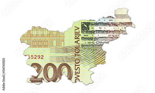 200 slovenian tolar bank note in shape of slovenia photo