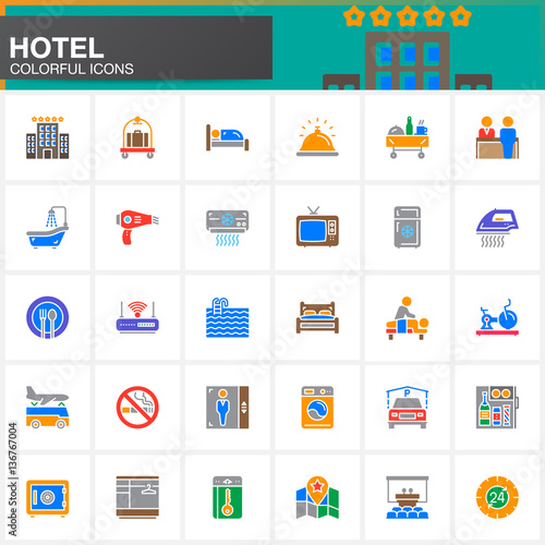 Hotel services and facilities vector icons set, modern solid symbol collection, filled colorful pictogram pack. Signs, logo illustration. Set includes icons as hotel, bed, reception, safe, pool, key © alekseyvanin