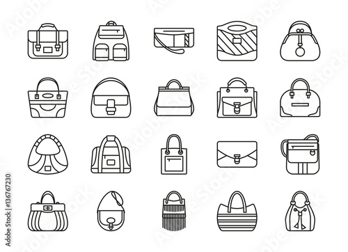 Set of contour line icon. Different women bags. Vector illustration