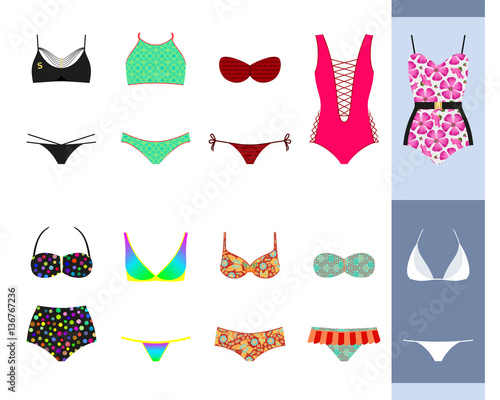 Swimsuit set. Modern and retro design for different female figures. Vector illustration.