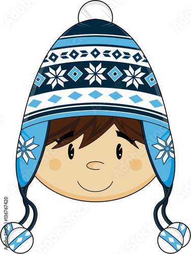 Cute Cartoon Boy in Winter Wooly Hat