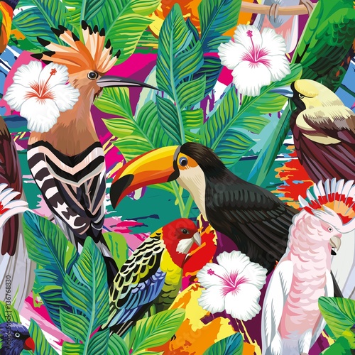 tropical bird leaves seamless background