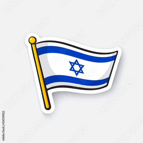 Vector illustration. Flag of Israel on flagstaff. Location symbol for travelers. Cartoon sticker with contour. Decoration for greeting cards, posters, patches, prints for clothes, emblems