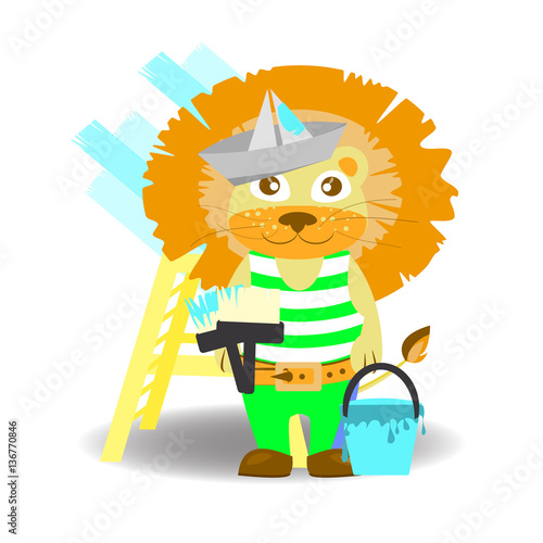 lion painter with brushes and paint bucket