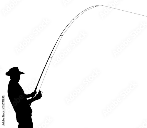 The black silhouette of a fisherman with spinning isolated on white background