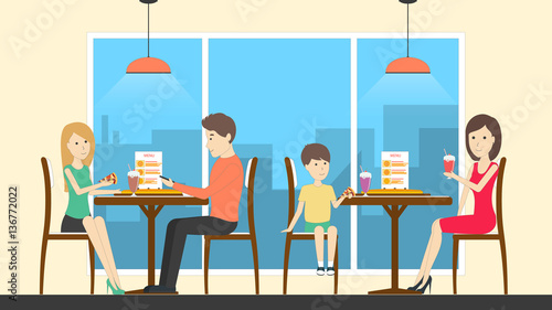 Sitting in pizzeria. People eat pizza and drink milkshakes. Adults and children.