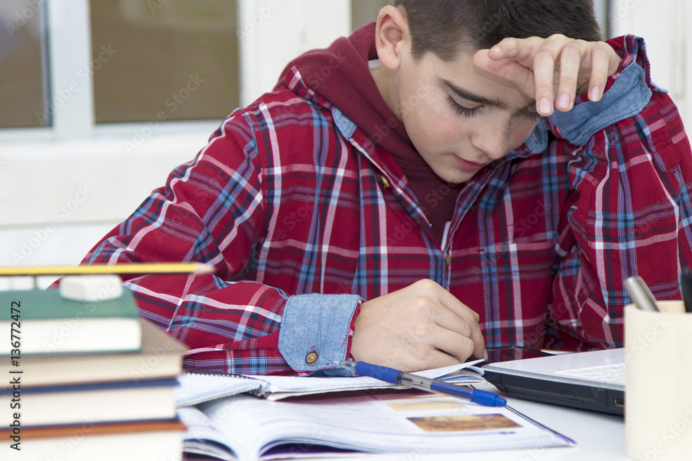child studying in the desk of House or the school child studying in the desk of House or the school