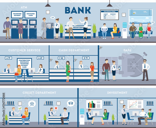 Bank and office interior. Inside bank interior with reception, consulting, customer, atm and business office.