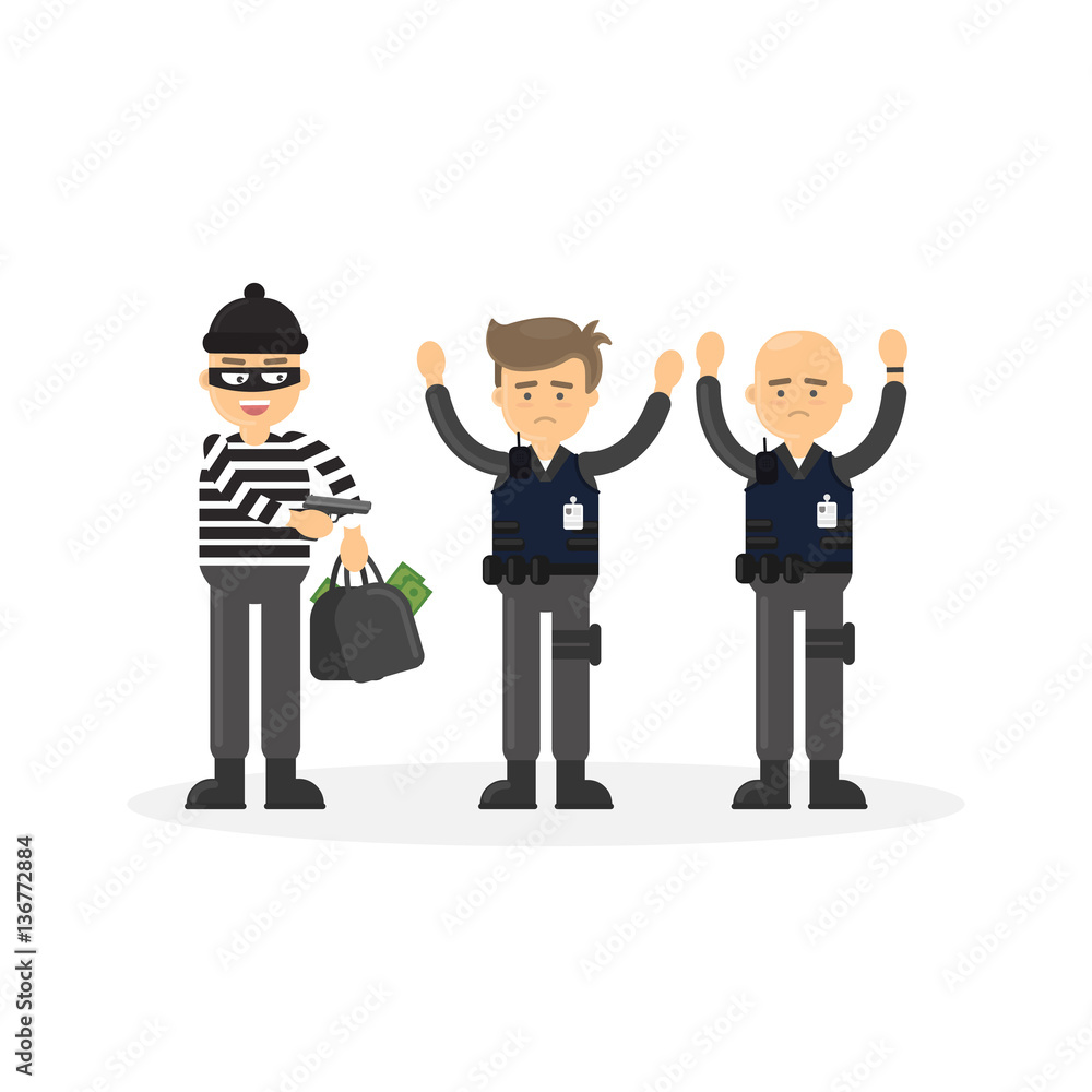 Cash transit security are robbed by thief in mask with a gun. Concept of stealing. Cash transit security are robbed by thief in mask with a gun. Concept of stealing.