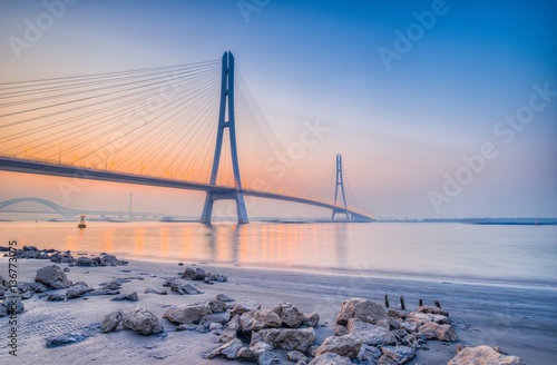 Sunset at The River Spanning Bridge Over The Yangtze River in Nanjing City