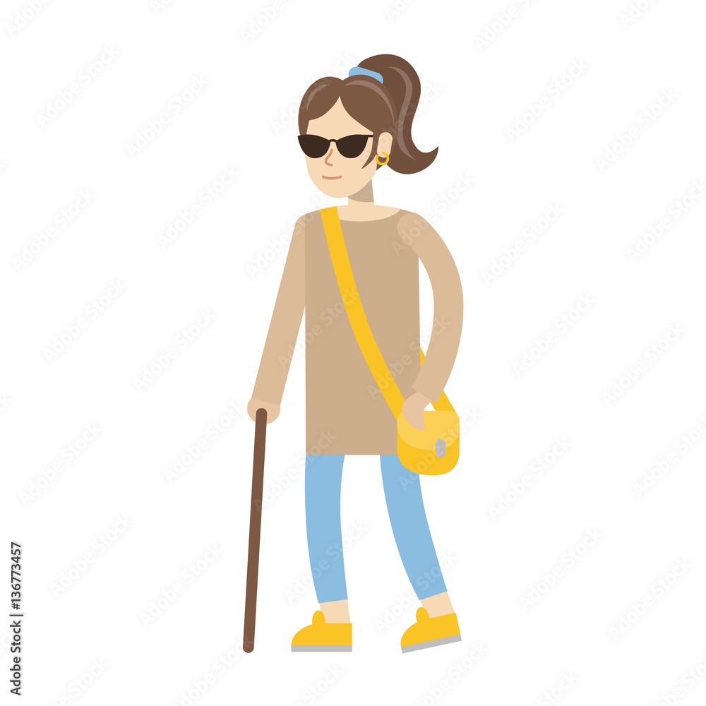 Isolated disabled woman on white background. Young beautiful blind woman in dark glasses with stick. Isolated disabled woman on white background. Young beautiful blind woman in dark glasses with stick.