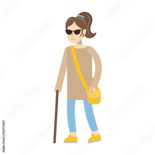 Isolated disabled woman on white background. Young beautiful blind woman in dark glasses with stick.