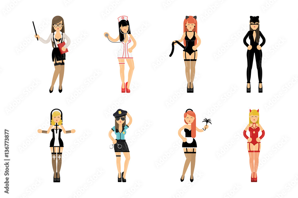 Sexy women set on white background. Girls in different costumes as nurse, maid, catwoman and more.