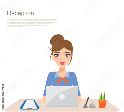 business woman working with computer ot office desk. people character with job. photo