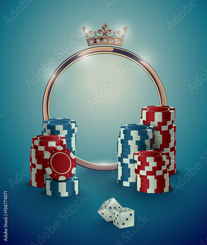Round casino roulette golden frame with crown, stack of poker chips and white dice on deep turquoise background. Gambling online club vintage effect poster design