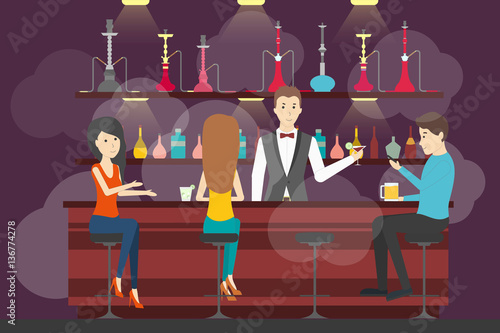 Hookah bar interior. Bar and with food and hookah service. Interior in smoke. Bar counter
