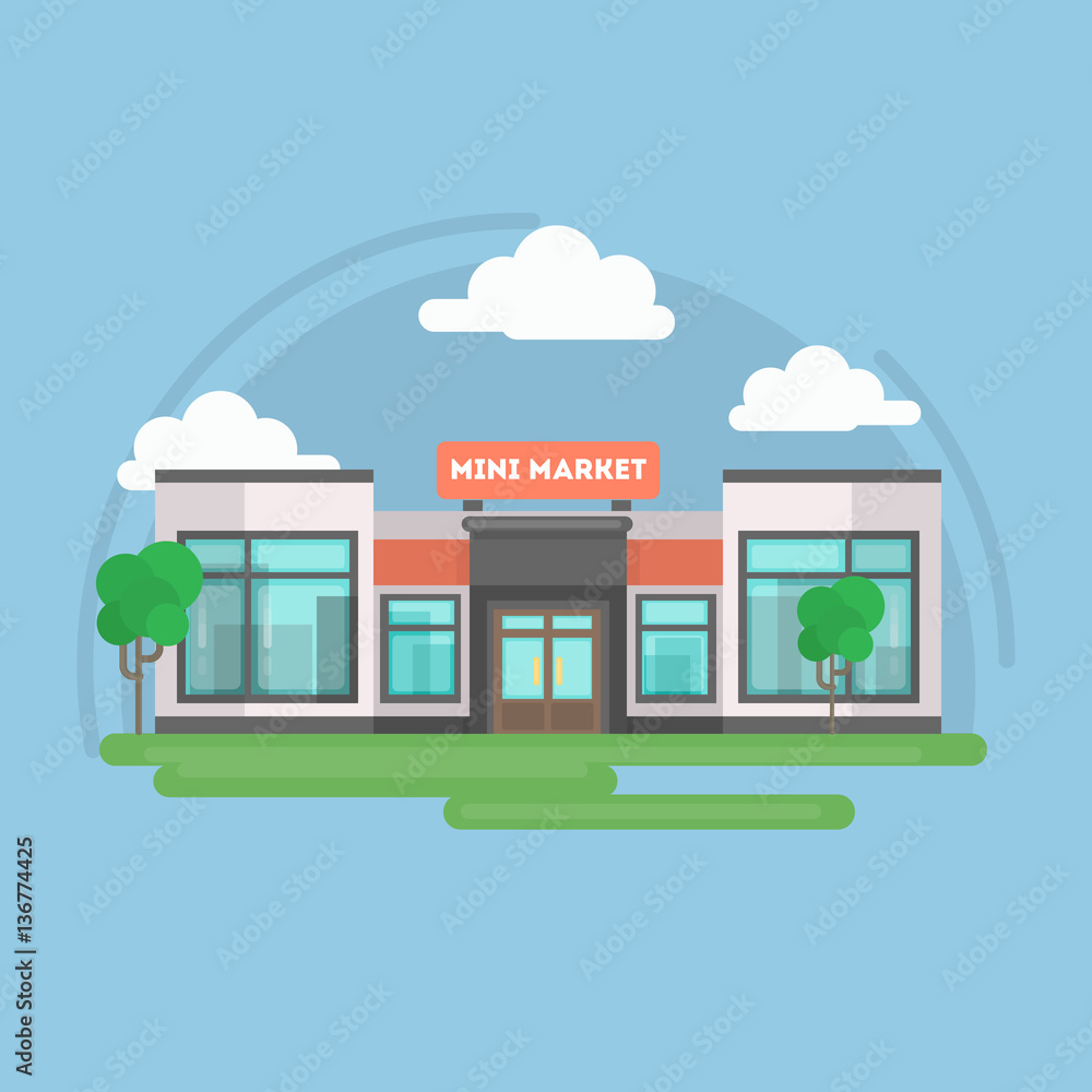 Mini market building outdoors with trees, sky and clouds. Mini market building outdoors with trees, sky and clouds.