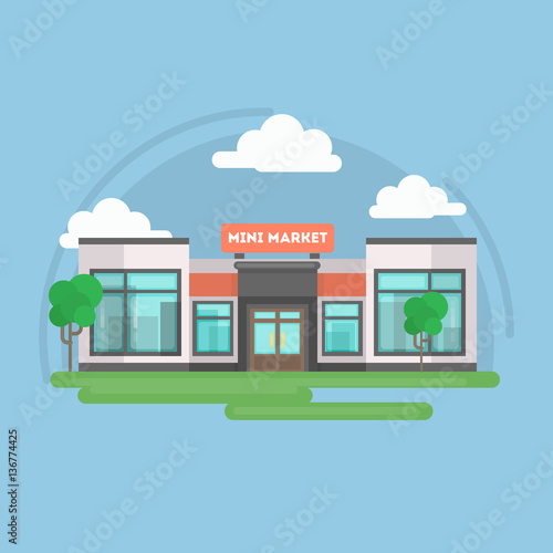 Mini market building outdoors with trees  sky and clouds.