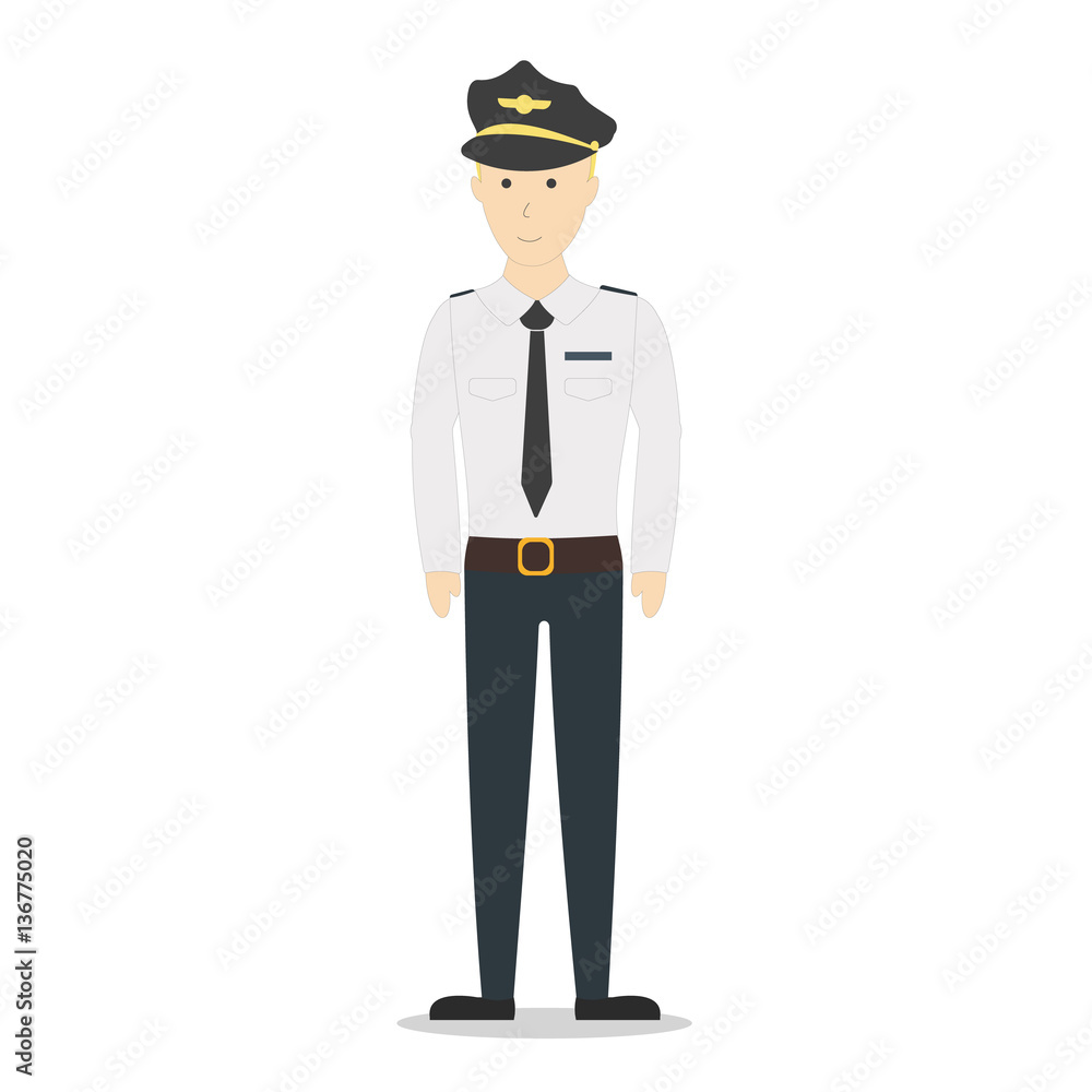 Isolated pilot on white background. Smiling funny pilot in flying uniform.