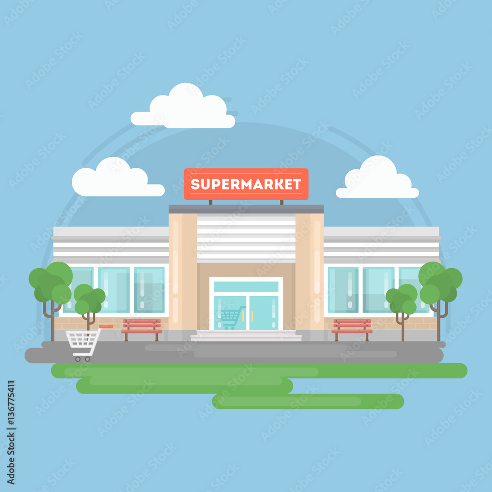 Supermarket building isolated with landscape as trees, sky and clouds.