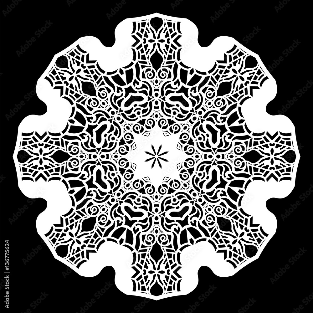 Lace round paper doily, lacy snowflake, greeting element, template for cutting plotter, round pattern, laser cut template, doily to decorate the cake, vector illustrations. Lace round paper doily, lacy snowflake, greeting element, template for cutting plotter, round pattern, laser cut template, doily to decorate the cake, vector illustrations.