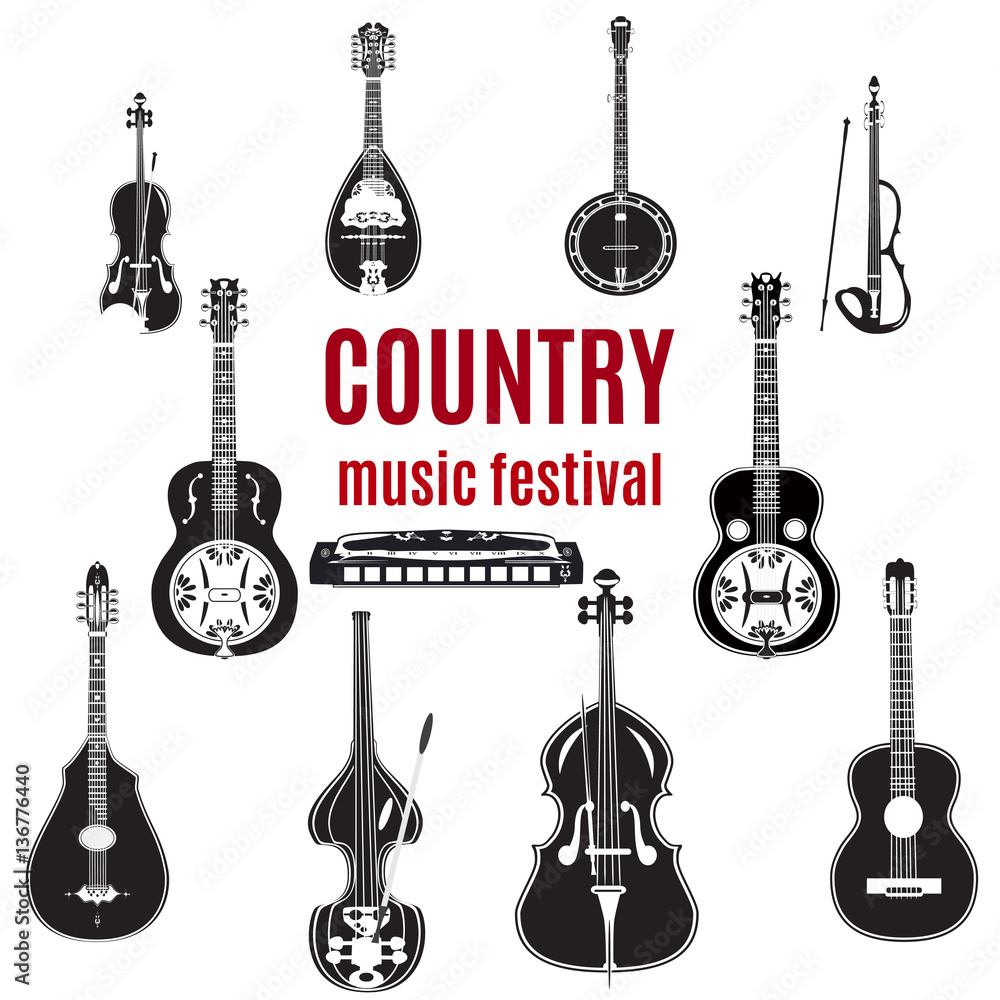Naklejka premium Vector set of country music instruments, black and white flat design.